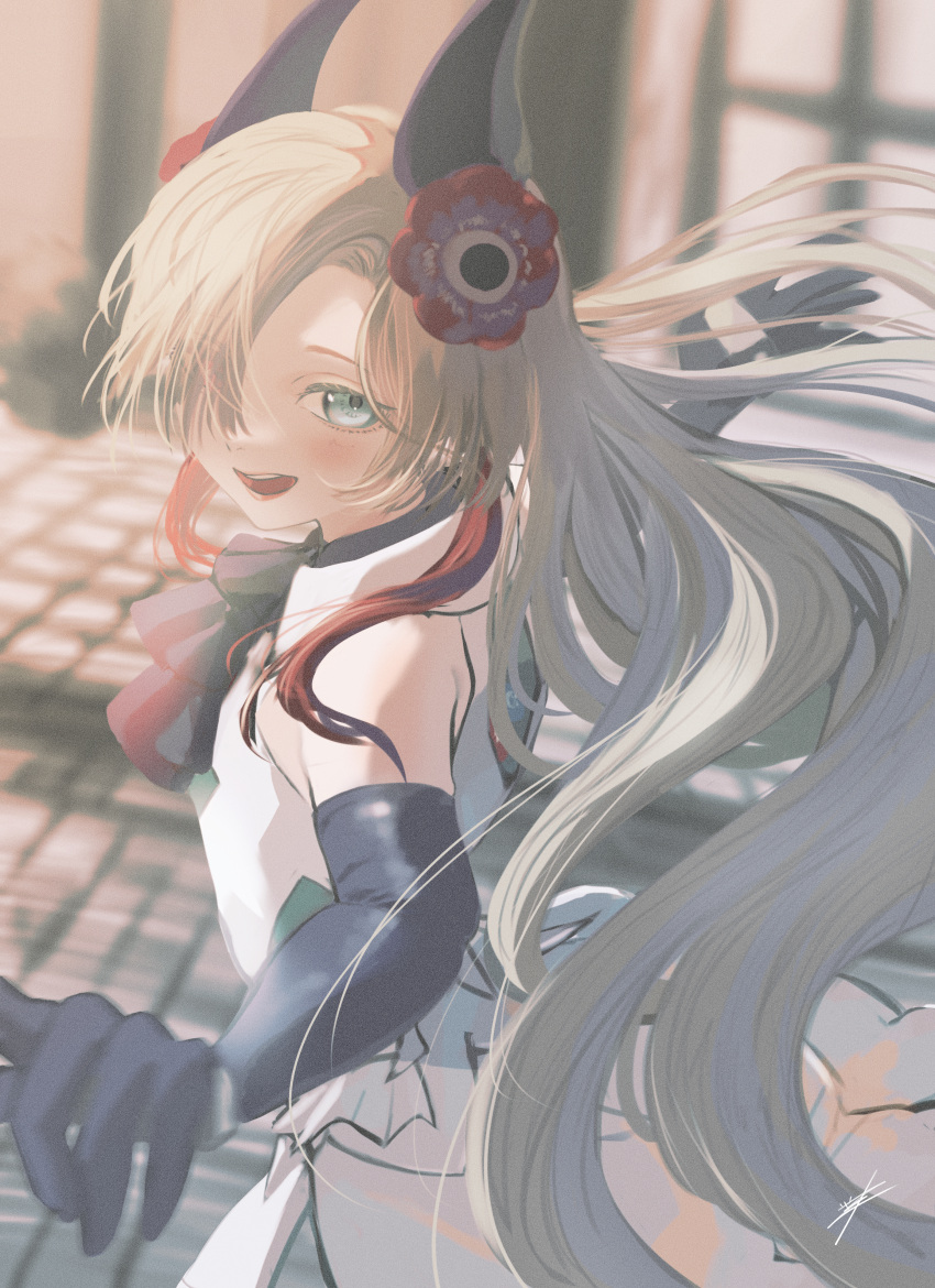 1girl 728kasyo absurdres ascot bare_shoulders black_gloves blue_eyes blush dress elbow_gloves floating_hair flower gloves grey_hair hair_flower hair_ornament hair_over_one_eye headgear highres isekai_joucho kamitsubaki_studio long_hair looking_at_viewer multicolored_hair open_mouth outstretched_arms red_flower redhead sleeveless sleeveless_dress smile solo spread_arms two-tone_hair upper_body very_long_hair virtual_youtuber