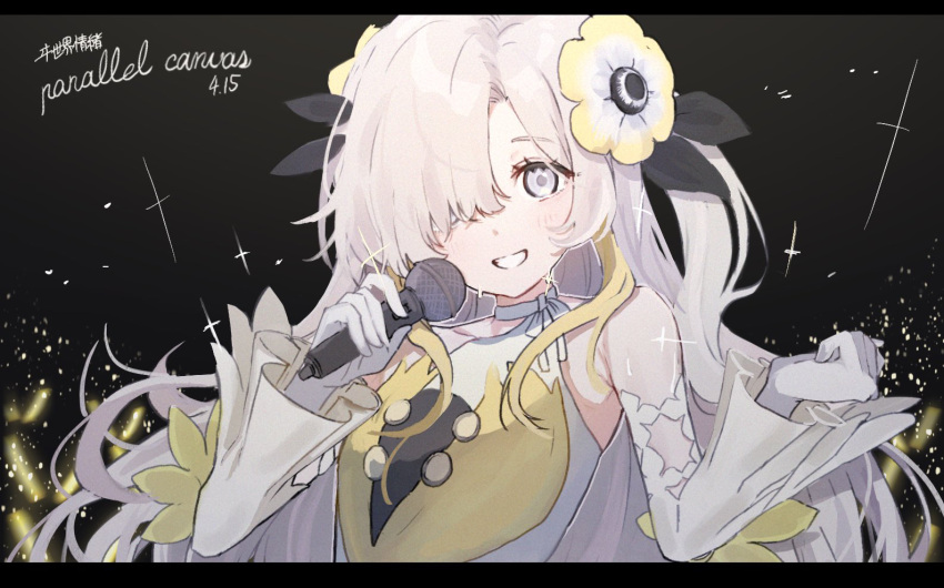 1girl bare_shoulders blonde_hair blush detached_sleeves dress flower gloves glowstick grey_eyes grey_hair hair_flower hair_ornament hair_over_one_eye haruharu_sensei holding holding_microphone isekai_joucho kamitsubaki_studio long_hair looking_at_viewer microphone multicolored_hair open_mouth smile solo two-tone_dress two-tone_hair upper_body virtual_youtuber white_dress white_gloves yellow_dress yellow_flower