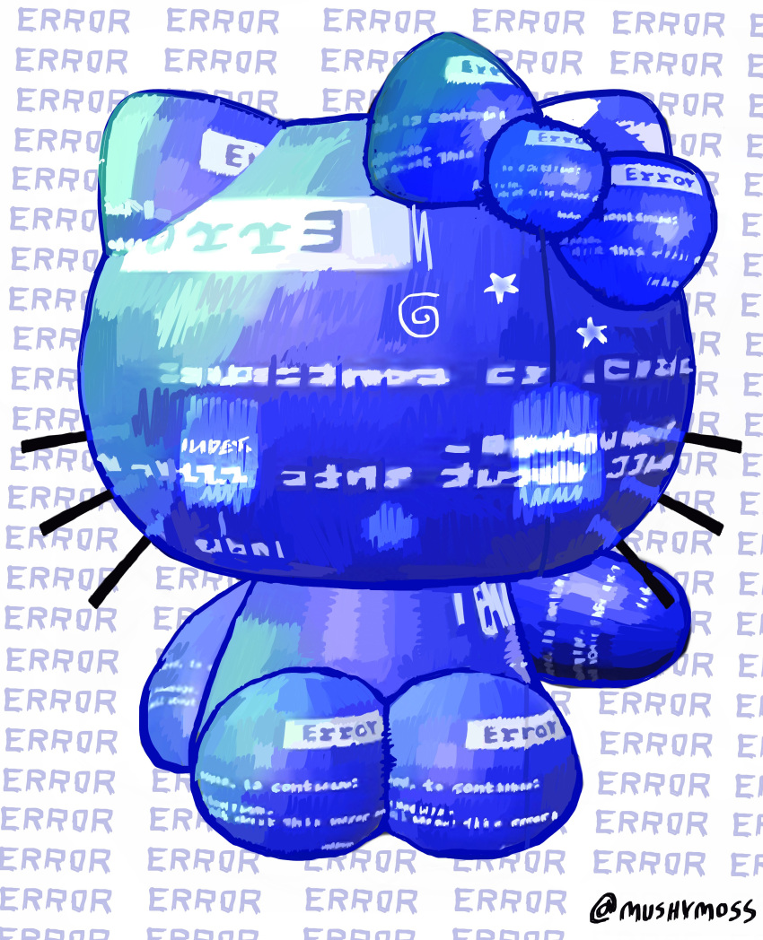 absurdres blue_screen_of_death blue_theme bow commentary english_commentary english_text hair_bow hello_kitty hello_kitty_(character) highres mushymoss no_eyes no_humans no_mouth stuffed_animal stuffed_toy text_background twitter_username