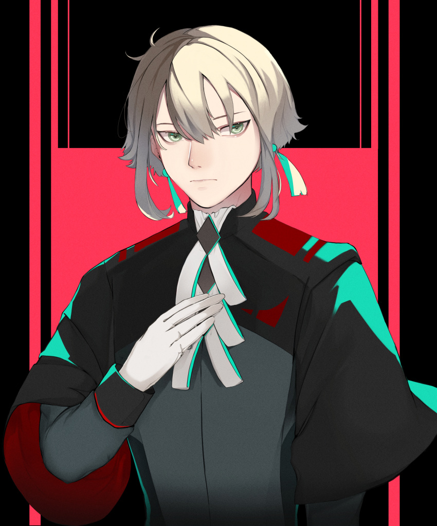 1boy absurdres asticassia_school_uniform banno_watari black_background closed_mouth commentary_request earrings elan_ceres expressionless gloves green_eyes gundam gundam_suisei_no_majo hair_between_eyes hand_on_own_chest highres jewelry layered_sleeves long_sleeves looking_at_viewer multicolored_hair necktie partial_commentary red_background school_uniform short_hair short_over_long_sleeves short_sleeves tassel tassel_earrings two-tone_hair upper_body white_gloves white_necktie wide_sleeves