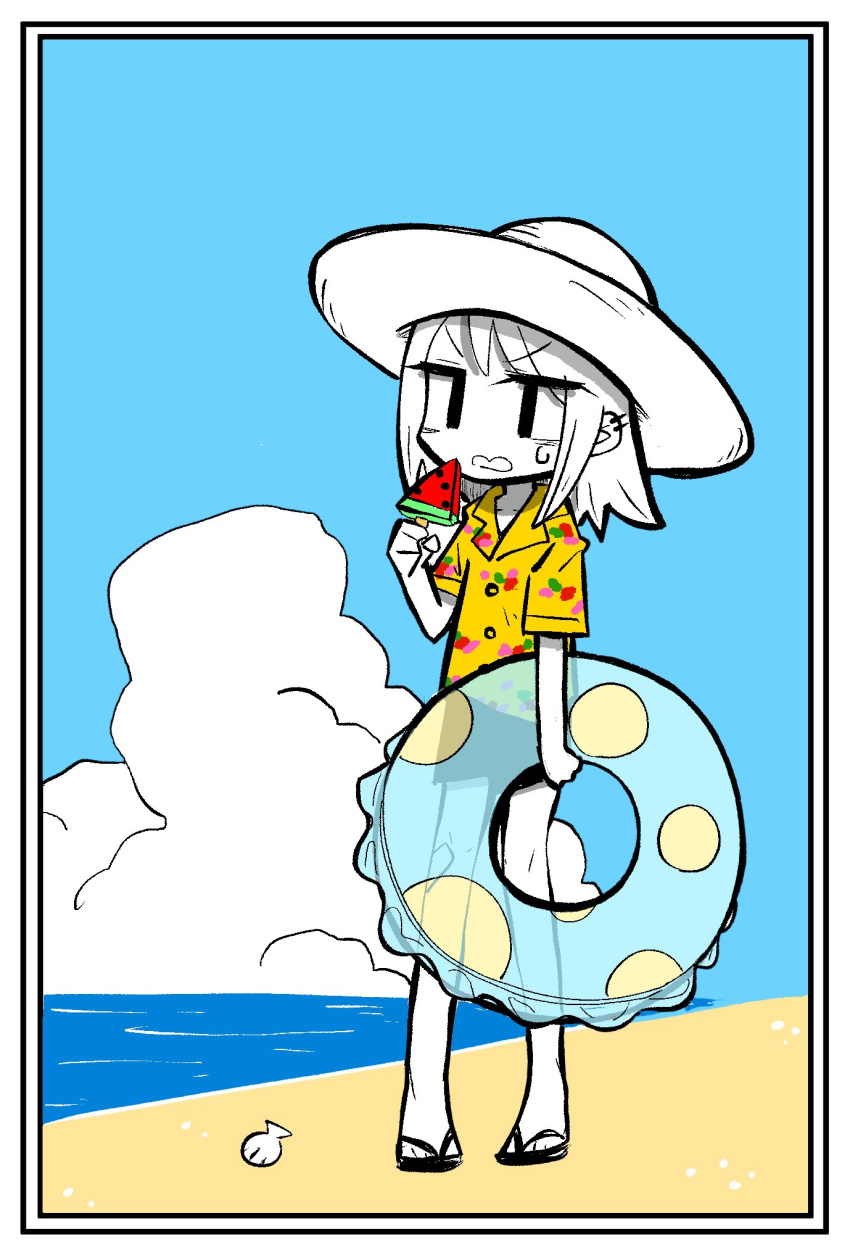 1girl beach black_shorts blue_sky border character_request clouds collarbone colored_skin commentary_request copyright_request day ear_piercing flip-flops food full_body hat hawaiian_shirt highres holding holding_food holding_innertube holding_popsicle hot innertube jitome kani_beam long_hair ocean open_mouth piercing popsicle sand sandals seashell shell shirt short_sleeves shorts sidelocks sky solo standing sun_hat sweatdrop v-shaped_eyebrows watermelon_bar white_border white_hair white_skin yellow_shirt