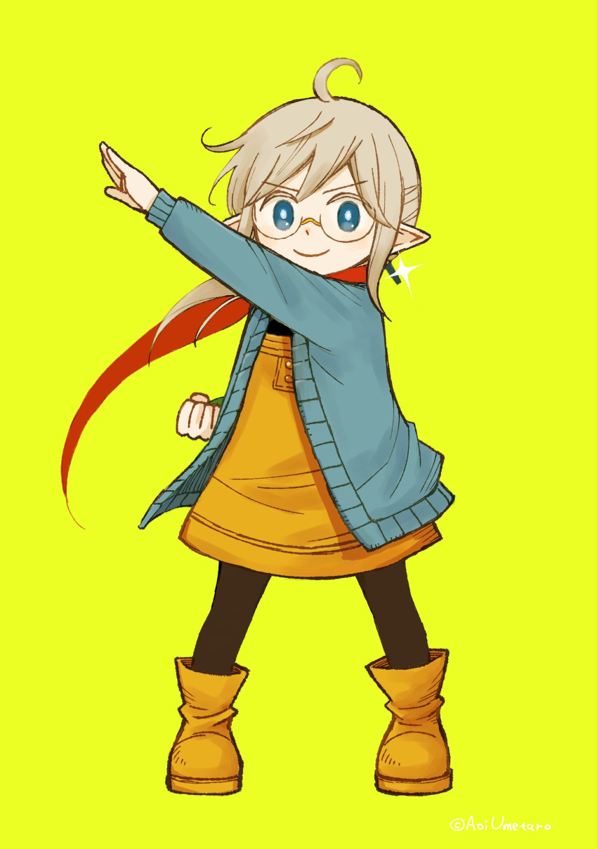 1girl ahoge ankle_boots aoi_umetaro arm_up blue_cardigan boots buttons cardigan clenched_hand dress earrings elf elf_to_shuryoushi_no_item_koubou floating_hair floating_scarf full_body glasses glint grey_hair henshin_pose highres jewelry kamen_rider legs_apart long_hair long_sleeves looking_at_viewer magritte_(elf_to_shuryoushi_no_item_koubou) orange_dress orange_footwear pointy_ears ponytail red_scarf scarf sidelocks solo standing straight-on twitter_username yellow_background