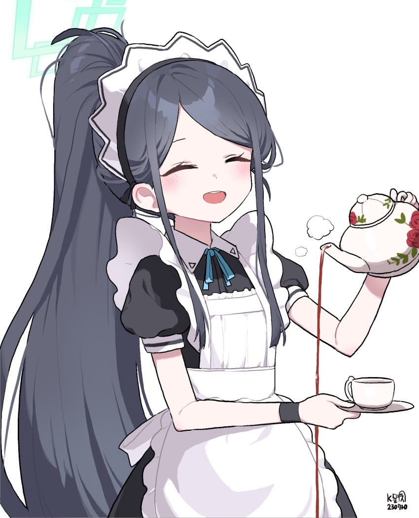1girl apron aris_(blue_archive) aris_(maid)_(blue_archive) black_dress black_hair blue_archive blue_ribbon blush closed_eyes cup dress green_halo halo high_ponytail highres holding holding_plate holding_teapot maid maid_apron maid_headdress myeolchi open_mouth plate pouring ribbon simple_background smile solo teacup teapot teeth upper_body upper_teeth_only white_background