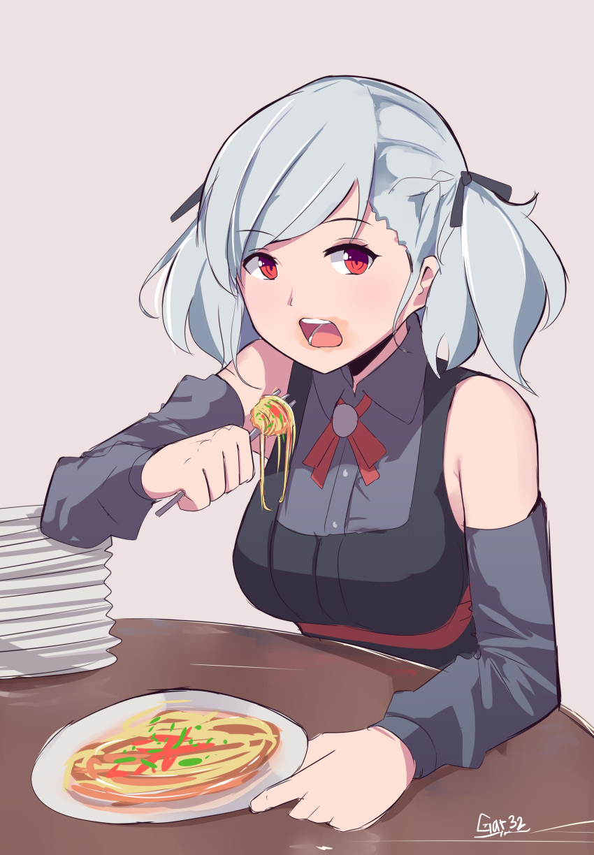 1girl absurdres artist_name black_ribbon black_vest breasts commentary detached_sleeves eating english_commentary food food_on_face fork gar32 girls_frontline grey_hair grey_shirt grey_sleeves hair_ribbon hand_on_table highres holding holding_fork large_breasts looking_at_viewer medium_hair meme open_mouth pasta plate plate_stack red_eyes ribbon shirt simple_background sleeveless sleeveless_shirt solo spaghetti spas-12_(girls'_frontline) table tamamo_spaghetti_(meme) twintails upper_body vest white_background