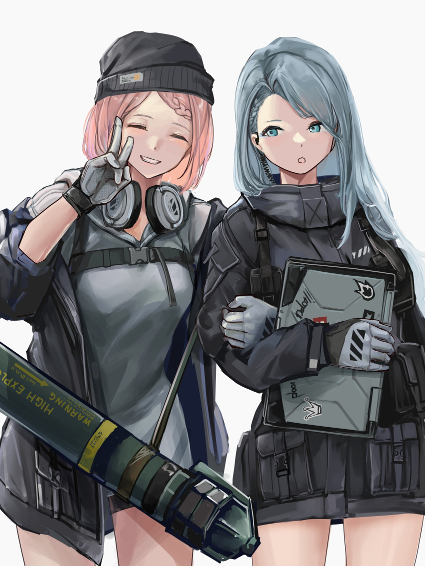 2girls absurdres beanie black_headwear black_jacket blue_eyes blue_hair closed_eyes commentary_request computer cowboy_shot girls_frontline gloves grey_background grey_gloves grey_hoodie grin hat headphones headphones_around_neck highres holding_another's_arm holding_laptop hood hoodie jacket laptop lithographica long_hair mk_153_(girls'_frontline) multiple_girls pink_hair rocket_launcher simple_background sling smile v weapon