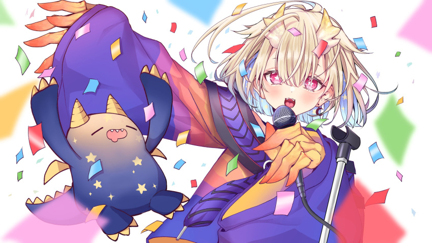 1girl amanogawa_shiina_(artist) blonde_hair blue_hair blurry blurry_foreground bright_pupils claws colored_inner_hair confetti crescent crescent_earrings dragon_claw dragon_girl dragon_horns earrings hair_between_eyes highres holding holding_microphone hood hood_down hoodie horns jewelry mascot microphone microphone_stand multicolored_clothes multicolored_hair multicolored_hoodie open_mouth phase_connect pink_eyes single_earring star-shaped_pupils star_(symbol) star_print symbol-shaped_pupils utatane_nasa white_pupils wide_sleeves