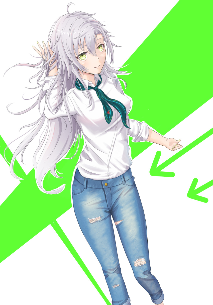 1girl ahoge denim double-parted_bangs eiyuu_densetsu fie_claussell hair_between_eyes hand_in_own_hair highres jeans kuro_no_kiseki long_hair looking_at_viewer necktie pants shirt sleeves_rolled_up smile solo torn_clothes torn_jeans torn_pants white_hair witch_f yellow_eyes