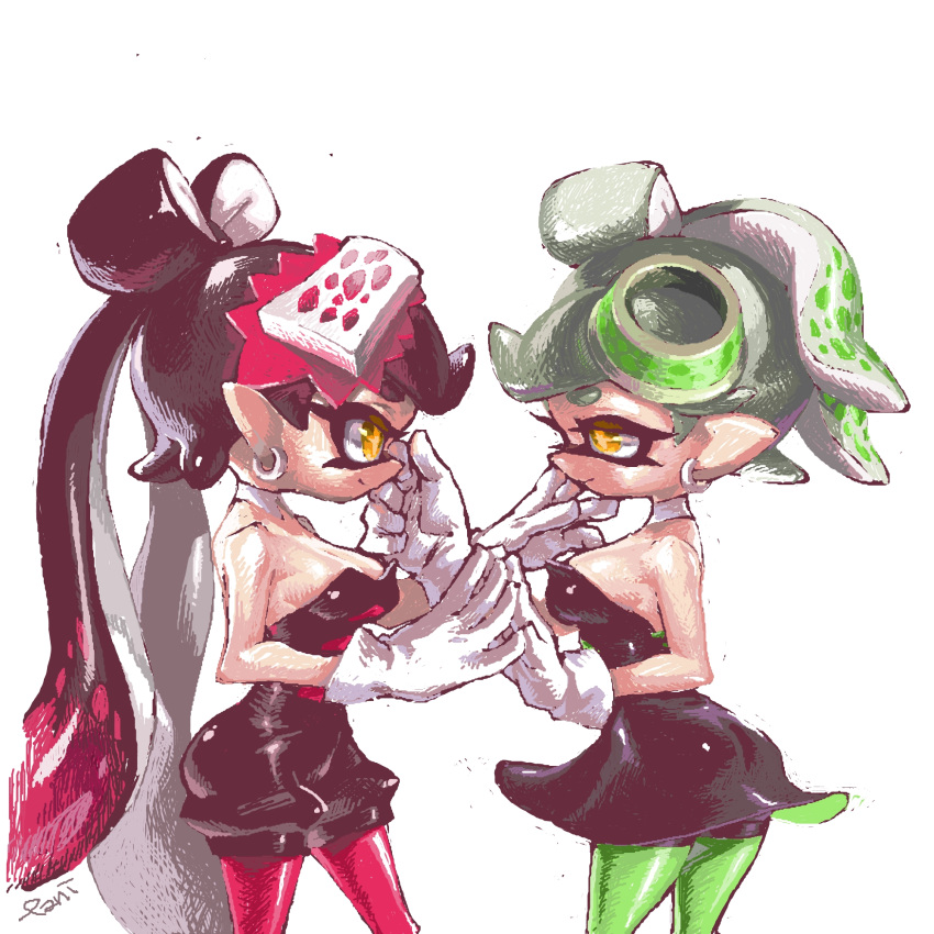 2girls bare_shoulders black_dress callie_(splatoon) cousins dress earrings gloves green_pantyhose hand_on_another's_cheek hand_on_another's_face highres jewelry long_hair looking_at_another marie_(splatoon) multiple_girls pani_spla pantyhose pink_pantyhose short_hair signature splatoon_(series) tentacle_hair white_gloves