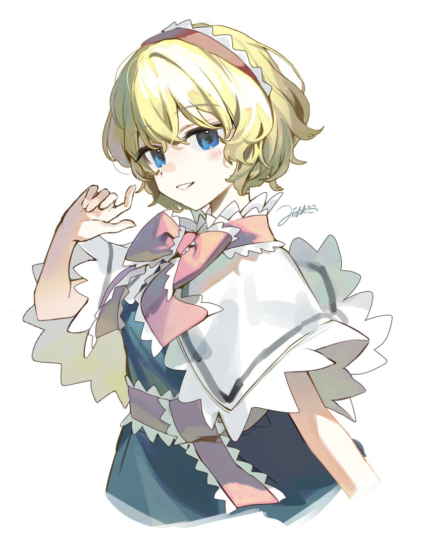 1girl alice_margatroid blonde_hair blue_dress blue_eyes blush capelet dress grin hairband highres jill_07km lolita_hairband looking_at_viewer red_hairband short_hair signature simple_background smile solo touhou upper_body white_background white_capelet