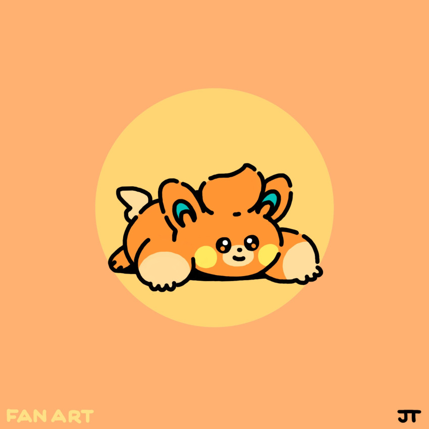 animal_focus brown_eyes circular_border commentary dotted_line full_body highres james_turner no_humans pawmi pokemon pokemon_(creature) signature smile solo yellow_background