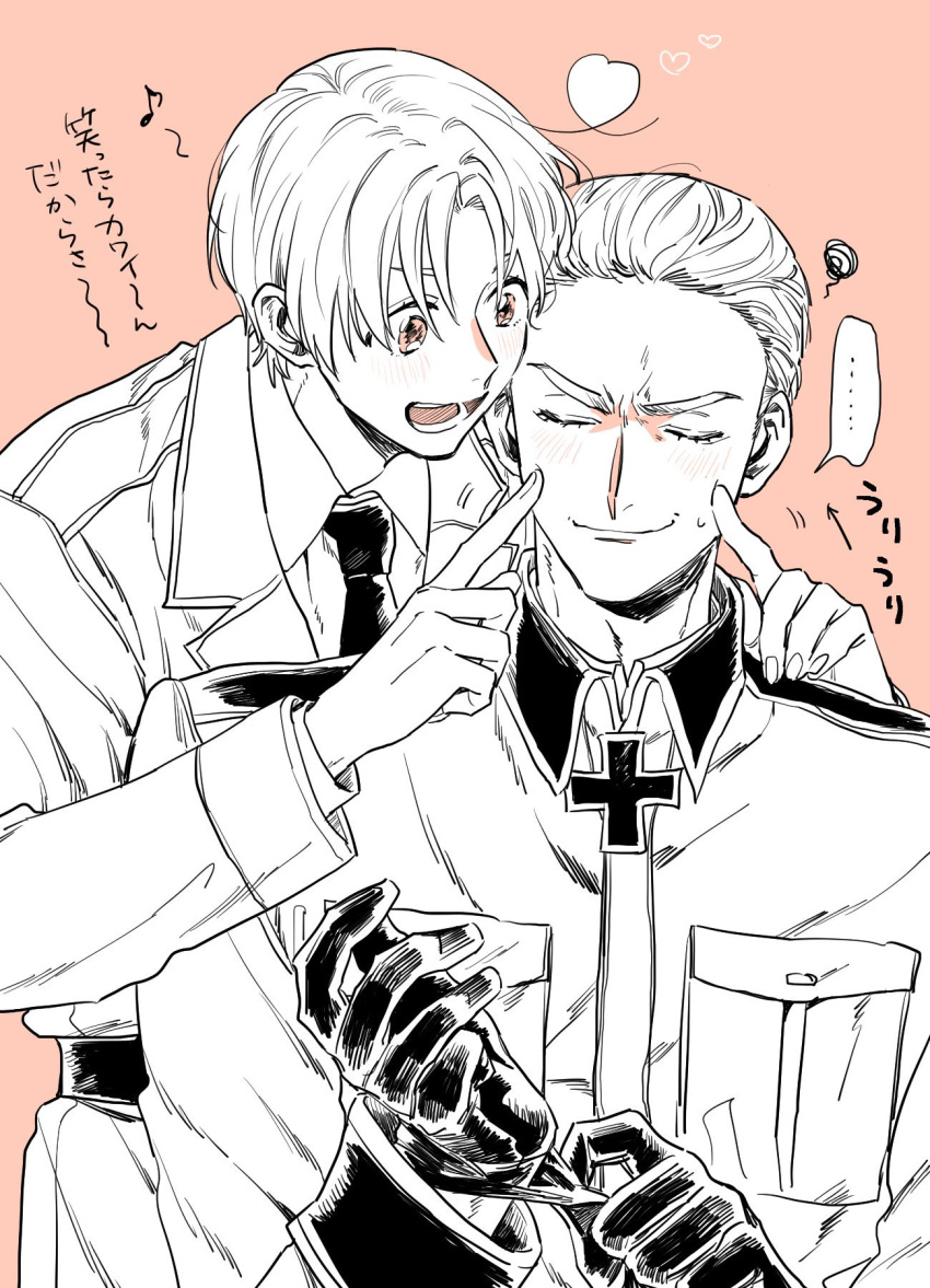 ... 2boys arrow_(symbol) axis_powers_hetalia belt breast_pocket collared_shirt commentary_request cross eighth_note facing_viewer fingers_on_another's_face forced_smile forehead germany_(hetalia) greyscale_with_colored_background hair_slicked_back heart high_contrast highres iron_cross lapels long_sleeves looking_at_another male_focus military_jacket multiple_boys musical_note necktie northern_italy_(hetalia) open_mouth pants parted_hair pink_background pink_eyes plumin pocket putting_on_gloves shirt short_hair shoulder_boards simple_background sleeve_cuffs spoken_ellipsis spot_color squiggle teeth translated upper_body
