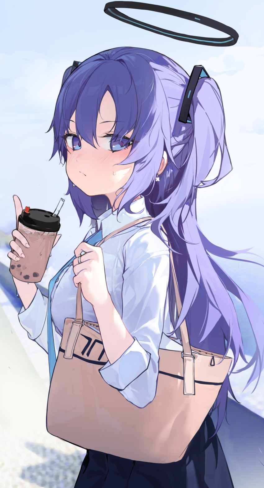 1girl absurdres aqua_necktie bag black_skirt blue_archive blue_eyes blush breasts closed_mouth cup drinking_straw hair_between_eyes halo highres holding holding_cup ice ice_cube jewelry long_hair long_sleeves looking_at_viewer necktie outdoors pleated_skirt purple_hair ring shenqi_de_(9) shirt skirt solo sweat two_side_up white_shirt yuuka_(blue_archive)