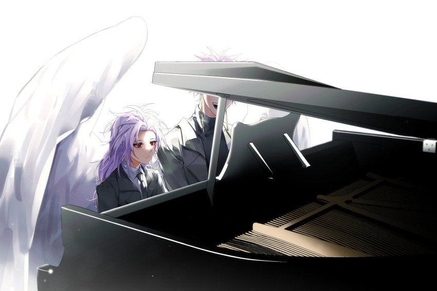 2boys absurdres angel_wings black_jacket black_necktie black_sweater closed_mouth collared_shirt earrings frown grey_jacket hatsutori_hajime highres instrument jacket jewelry jjeom long_hair male_focus multiple_boys necktie open_clothes open_jacket open_mouth parted_bangs piano pink_hair red_eyes saibou_shinkyoku shirt short_hair smile suit sweater theodore_riddle turtleneck turtleneck_sweater white_shirt white_wings wings