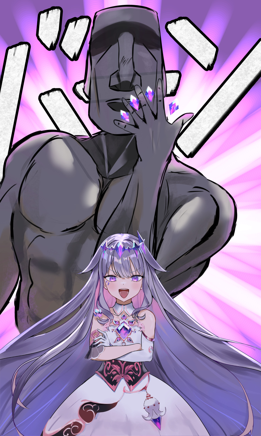 1girl absurdres bare_shoulders collar collarbone colored_inner_hair crossed_arms detached_collar dress elbow_gloves gem gloves grey_hair headpiece highres hololive hololive_english jojo_no_kimyou_na_bouken koseki_bijou moai multicolored_hair muscular muscular_male open_mouth pink_hair purple_gemstone single_elbow_glove sleeveless sleeveless_dress stand_(jojo) strapless strapless_dress violet_eyes virtual_youtuber white_collar white_dress white_gloves xsilentred