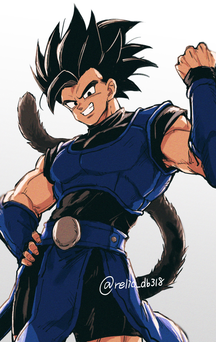 1boy absurdres armor black_eyes black_hair blue_wristband clenched_hand dragon_ball_legends hand_on_own_hip highres looking_at_viewer male_focus monkey_tail muscular muscular_male relio_db318 saiyan saiyan_armor shallot_(dragon_ball) simple_background smile solo spiky_hair standing tail twitter_username white_background