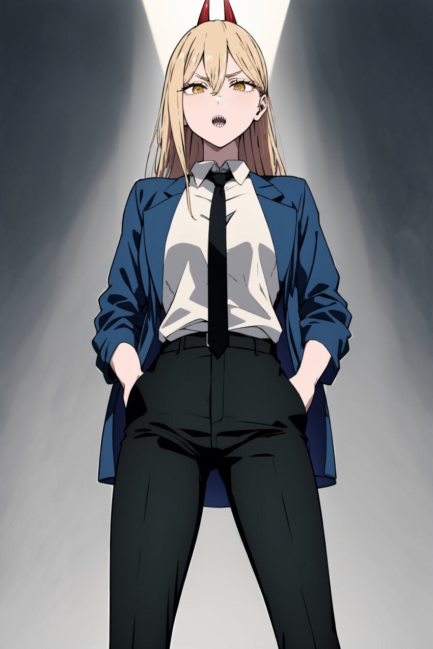 2023 ai_generated beautiful blonde_hair blue_jacket chainsaw_man costume cute eyes face female focused kawaii power_(chainsaw_man) smooth solo solo_focus standing untitled yellow_eyes yodayo