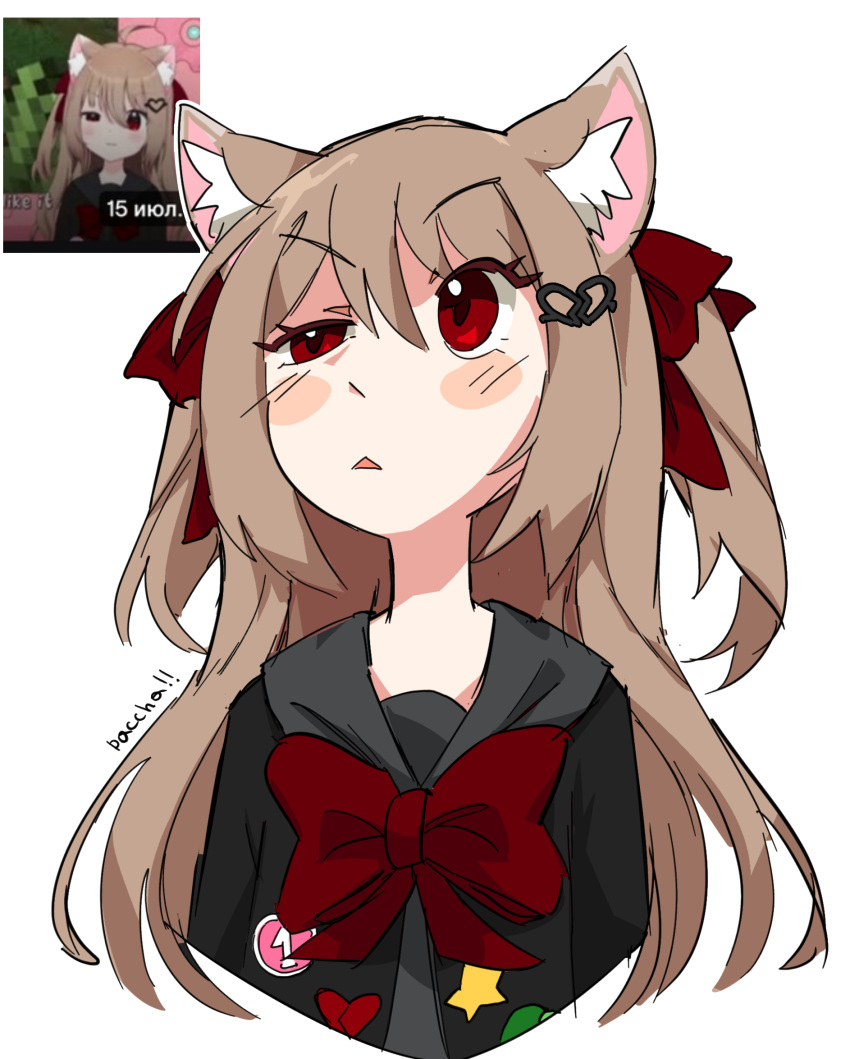 1girl animal_ear_fluff animal_ears artist_name badge black_cardigan blush_stickers bow bowtie broken_heart_hair_ornament button_badge cardigan cat_ears cropped_torso evil_neuro-sama grey_sailor_collar hair_ornament hair_ribbon hairclip heart heart_hair_ornament highres indie_virtual_youtuber light_brown_hair long_hair neuro-sama official_alternate_costume open_cardigan open_clothes pasharuu raised_eyebrow red_bow red_bowtie red_ribbon ribbon sailor_collar simple_background solo star_(symbol) triangle_mouth turtle two_side_up upper_body virtual_youtuber white_background