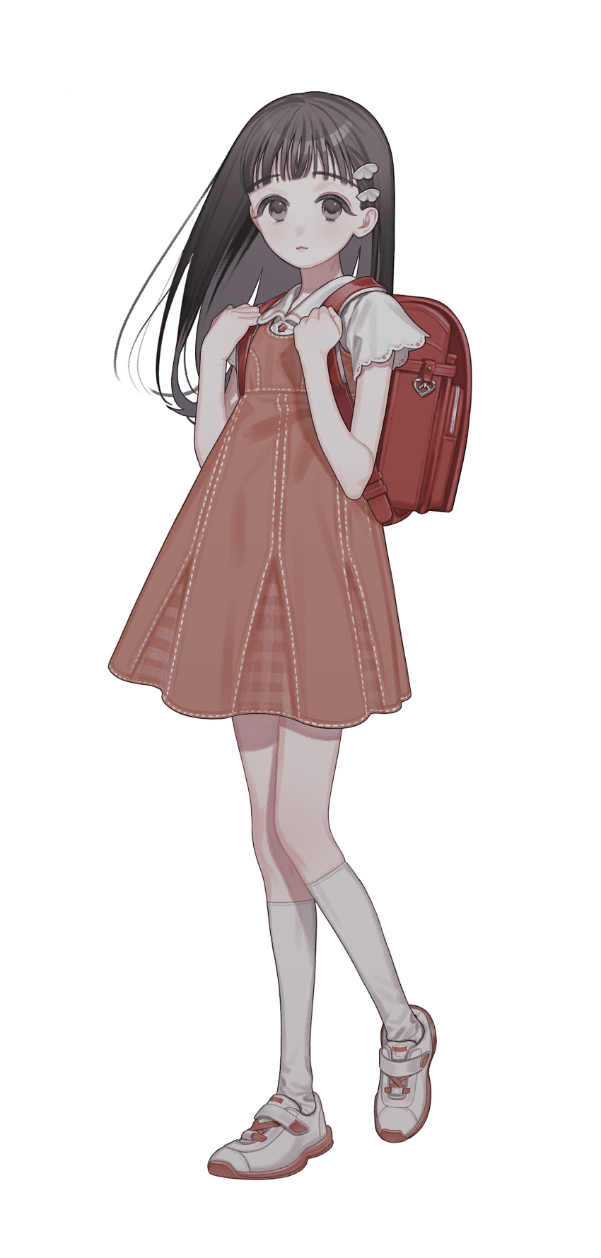 1girl :3 absurdres backpack bag black_eyes black_hair choppy_bangs closed_mouth collared_shirt commentary_request dress floating_hair full_body hair_behind_ear hands_on_own_chest hands_up highres kneehighs lace-trimmed_sleeves lace_trim long_hair looking_at_viewer nanoka_san orange_dress original pinafore_dress plaid plaid_dress raised_eyebrows randoseru red_bag shirt shoes short_sleeves simple_background sleeveless sleeveless_dress sneakers socks solo standing standing_on_one_leg white_background white_shirt white_socks wing_hair_ornament