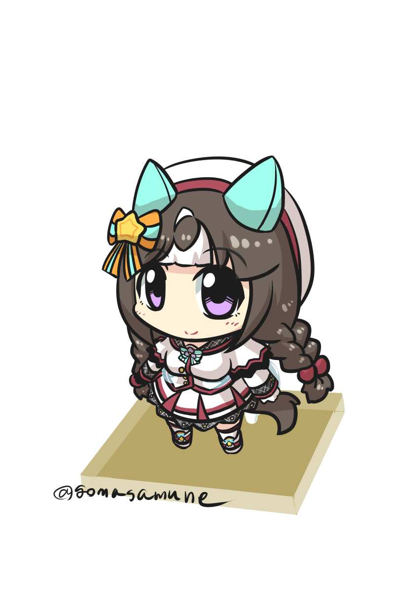 1girl absurdres animal_ears beret blush bow braid breasts brown_hair chibi closed_mouth gloves goma_(gomasamune) hair_bobbles hair_ornament hat highres hokko_tarumae_(umamusume) horse_ears horse_girl horse_tail long_sleeves low_twintails medium_breasts multicolored_hair shirt simple_background skirt smile solo standing star_(symbol) star_hair_ornament streaked_hair striped striped_bow tail twin_braids twintails twitter_username umamusume violet_eyes white_background white_gloves white_hair white_headwear white_shirt white_skirt