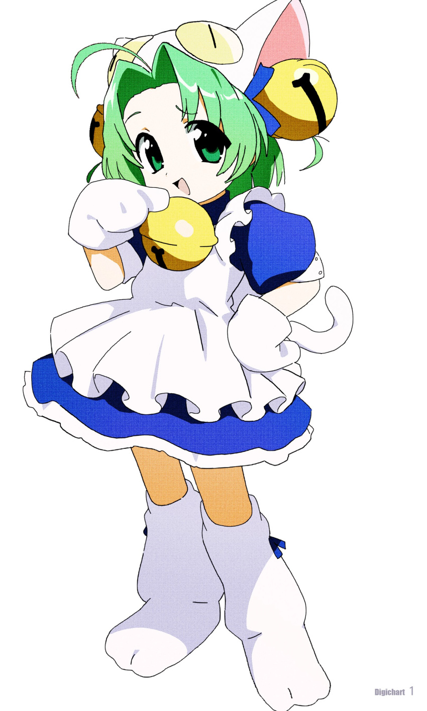1girl absurdres ahoge animal_hat apron bell blue_dress cat_hat copyright_name dejiko di_gi_charat dress green_eyes green_hair hair_bell hair_ornament hat highres jingle_bell jiryu50610218 looking_at_viewer mittens open_mouth short_hair short_sleeves simple_background solo standing tail white_apron white_background white_headwear white_mittens