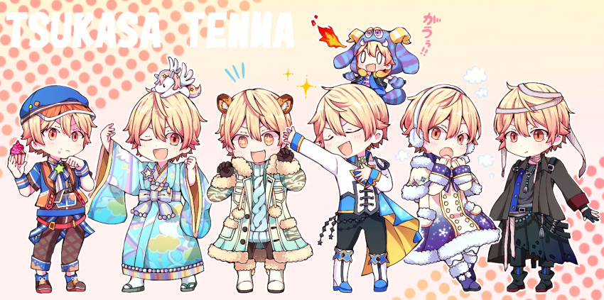 +_+ 1boy animal_ears arm_up armband bandages belt black_gloves blonde_hair blue_headwear boots bow brown_gloves character_name claw_pose clenched_hand closed_eyes closed_mouth collared_shirt commentary_request cupcake dot_nose earmuffs fang fire food full_body fur_trim gloves gradient_hair hair_between_eyes hand_on_own_chest hand_up hands_up hibiku_twilight_parade_(project_sekai) holding holding_food jewelry long_sleeves looking_at_viewer male_focus mittens mokomoko_snow_coat_(project_sekai) multicolored_hair necklace notice_lines official_alternate_costume one_eye_closed open_mouth orange_eyes orange_hair osha_tiger_style_(project_sekai) pegasus phantom_crow_(project_sekai) pom_pom_(clothes) pop_in_my_heart!!_(project_sekai) project_sekai runemeilove shirt short_hair standing star_(symbol) tenma-sanchi_no_hinamatsuri_(project_sekai) tenma_tsukasa tiger_ears translation_request
