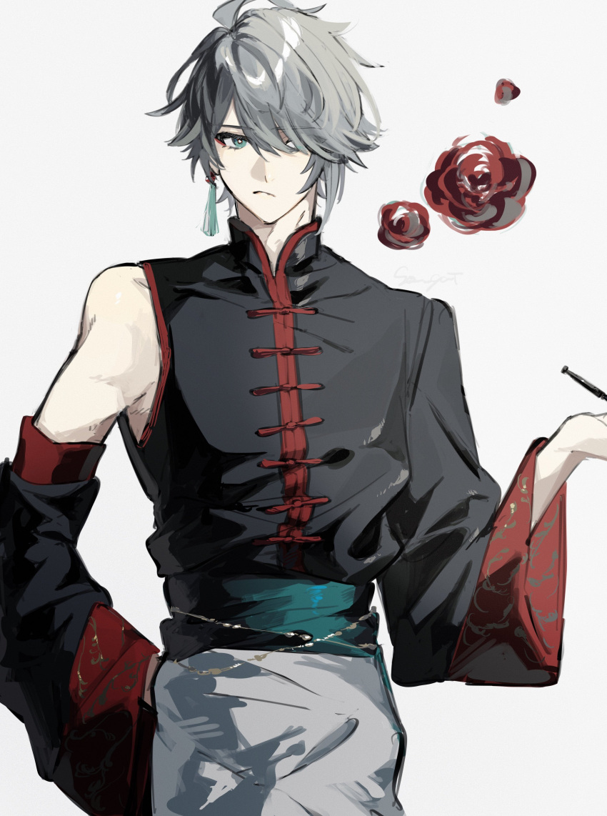 1boy absurdres alhaitham_(genshin_impact) alternate_costume aqua_eyes black_shirt chinese_clothes detached_sleeves flower genshin_impact grey_background grey_hair grey_pants hair_over_one_eye highres holding holding_smoking_pipe long_sleeves male_focus pants red_eyeliner red_flower shirt sho_yai short_hair single_detached_sleeve smoking_pipe solo