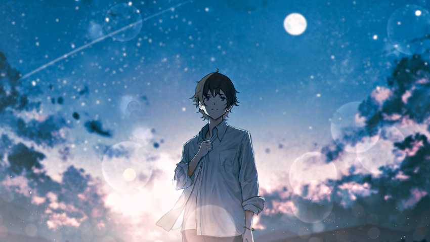 1boy absurdres ahoge black_eyes black_hair bracelet breast_pocket closed_mouth clouds cloudy_sky collared_shirt evening frown hair_between_eyes hand_on_own_chest highres jewelry lens_flare long_bangs long_sleeves looking_ahead male_focus oka_kojiro open_collar original outdoors pocket scenery shirt shooting_star short_hair sidelocks sky sleeves_rolled_up solo star_(sky) starry_sky upper_body white_shirt