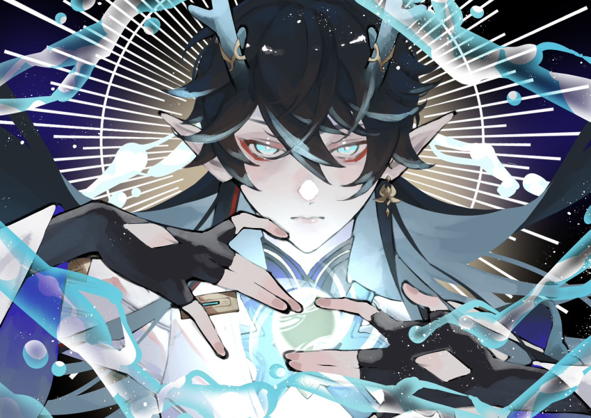 1boy bare_shoulders black_gloves black_hair bubble chinese_clothes closed_mouth dan_heng_(honkai:_star_rail) dan_heng_(imbibitor_lunae)_(honkai:_star_rail) detached_sleeves dragon_boy dragon_horns earrings elbow_gloves expressionless fingerless_gloves gloves green_eyes green_horns green_theme grey_shirt hair_between_eyes highres honkai:_star_rail honkai_(series) horns jewelry long_hair long_sleeves looking_at_viewer magic male_focus pointy_ears red_eyeliner shirt single_earring solo traditional_clothes upper_body water white_sleeves