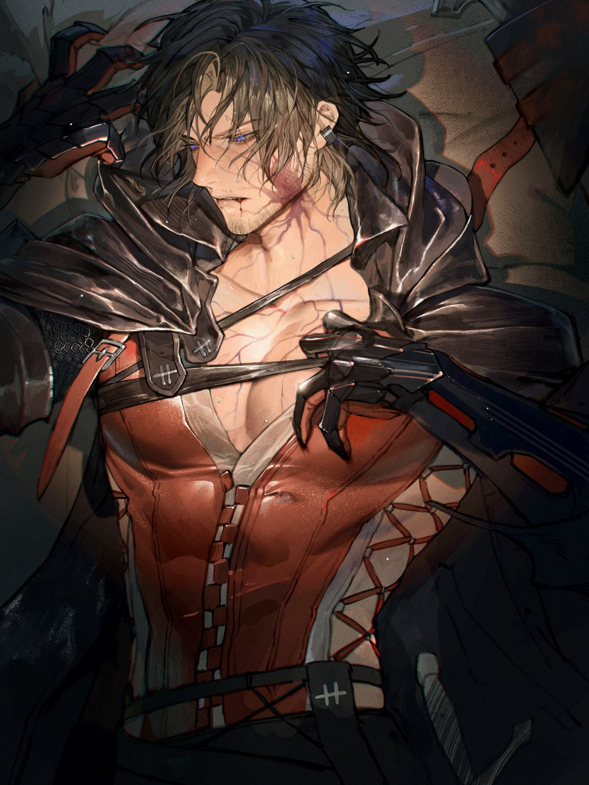 1boy bed black_cape black_hair blood blood_from_mouth blue_eyes cape clive_rosfield eboda-x facial_hair facial_tattoo final_fantasy final_fantasy_xvi gloves highres leather_vest mustache_stubble red_robe robe tattoo teardrop_earring