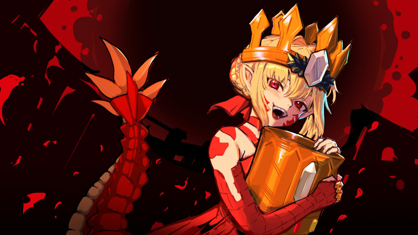 1girl absurdres blonde_hair braid crown crown_braid dragon_girl dragon_tail dress elbow_gloves fate/grand_order fate_(series) fingerless_gloves gloves highres kowai_(iamkowai) long_hair looking_at_viewer nero_claudius_(fate) open_mouth pink_eyes queen_draco_(fate) red_dress scales sidelocks smile tail teeth tongue