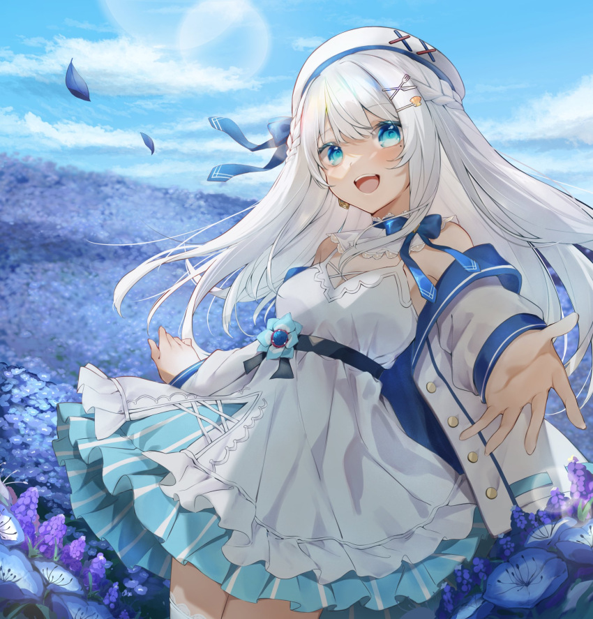 1girl bare_shoulders beret blue_eyes blue_sky braid breasts clouds commentary_request commission cowboy_shot day dress earrings flower frilled_dress frills hat highres indie_virtual_youtuber jewelry lens_flare long_hair looking_at_viewer mole mole_under_eye murumuru_(pixiv51689952) nagino_mashiro nemophila_(flower) open_mouth outdoors purple_flower reaching reaching_towards_viewer skeb_commission sky small_breasts smile solo standing teeth tongue upper_teeth_only virtual_youtuber white_dress white_hair white_headwear wind