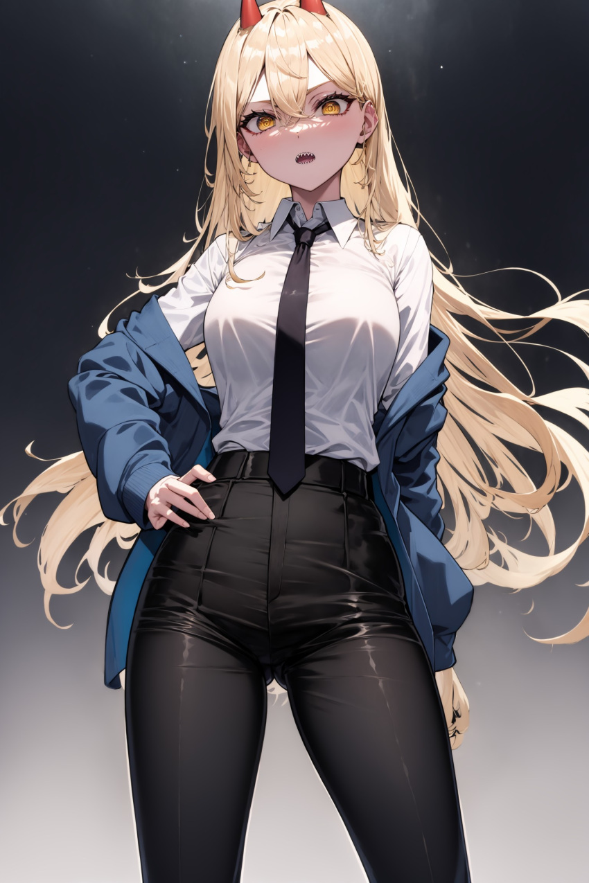 ahoge ai_generated alternate_costume beautifly black_pants blonde_hair chainsaw_man eyes face hair power_(chainsaw_man) standing untitled yodayo