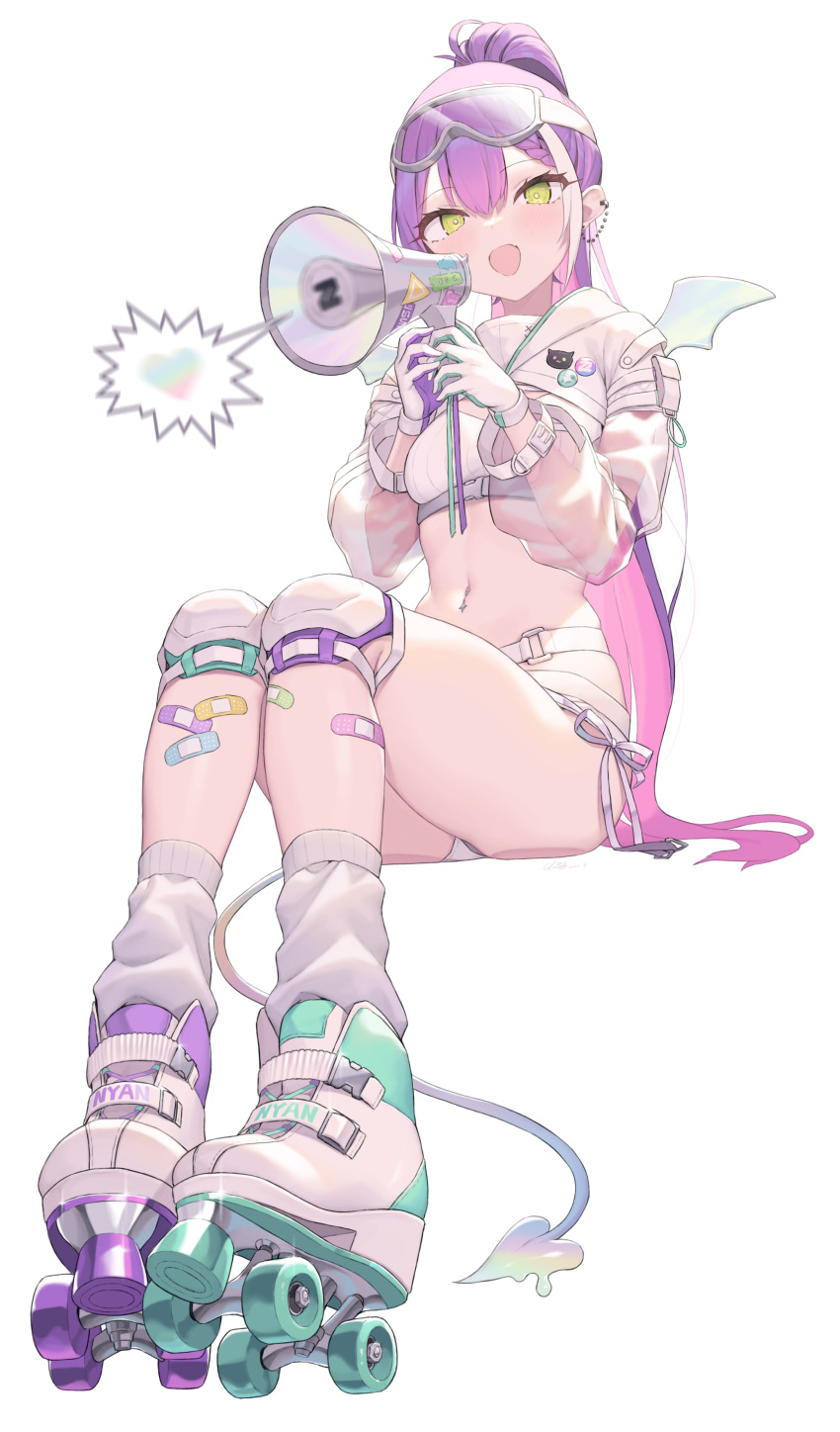 1girl absurdres bandaid bandaid_on_leg bat_wings blush cloba colored_inner_hair cropped_jacket ear_piercing gloves goggles goggles_on_head green_eyes highres holding holding_megaphone hololive hooded_shrug industrial_piercing knee_pads long_hair long_sleeves looking_at_viewer loose_socks megaphone midriff multicolored_hair navel navel_piercing open_mouth piercing pink_hair ponytail purple_hair roller_skates see-through see-through_sleeves short_shorts shorts sitting skates smile socks solo tokoyami_towa tokoyami_towa_(5th_costume) two-sided_gloves virtual_youtuber white_gloves white_shorts white_shrug white_socks white_wings wings