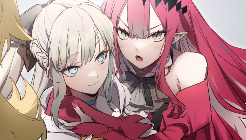 3girls angry arms_around_neck baobhan_sith_(fate) bare_shoulders barghest_(fate) black_bow black_bowtie black_ribbon blonde_hair blue_choker blue_eyes blush bow bowtie choker closed_mouth detached_collar detached_sleeves dress earrings fangs fate/grand_order fate_(series) frown grey_eyes grey_hair hair_ornament highres hood hood_down jewelry light_blush long_hair long_sleeves looking_at_another morgan_le_fay_(fate) multiple_girls nail_polish neck_ribbon necktie no-kan open_mouth out_of_frame pink_hair pointy_ears ponytail red_dress red_nails ribbon sidelocks simple_background smile upper_body v-shaped_eyebrows