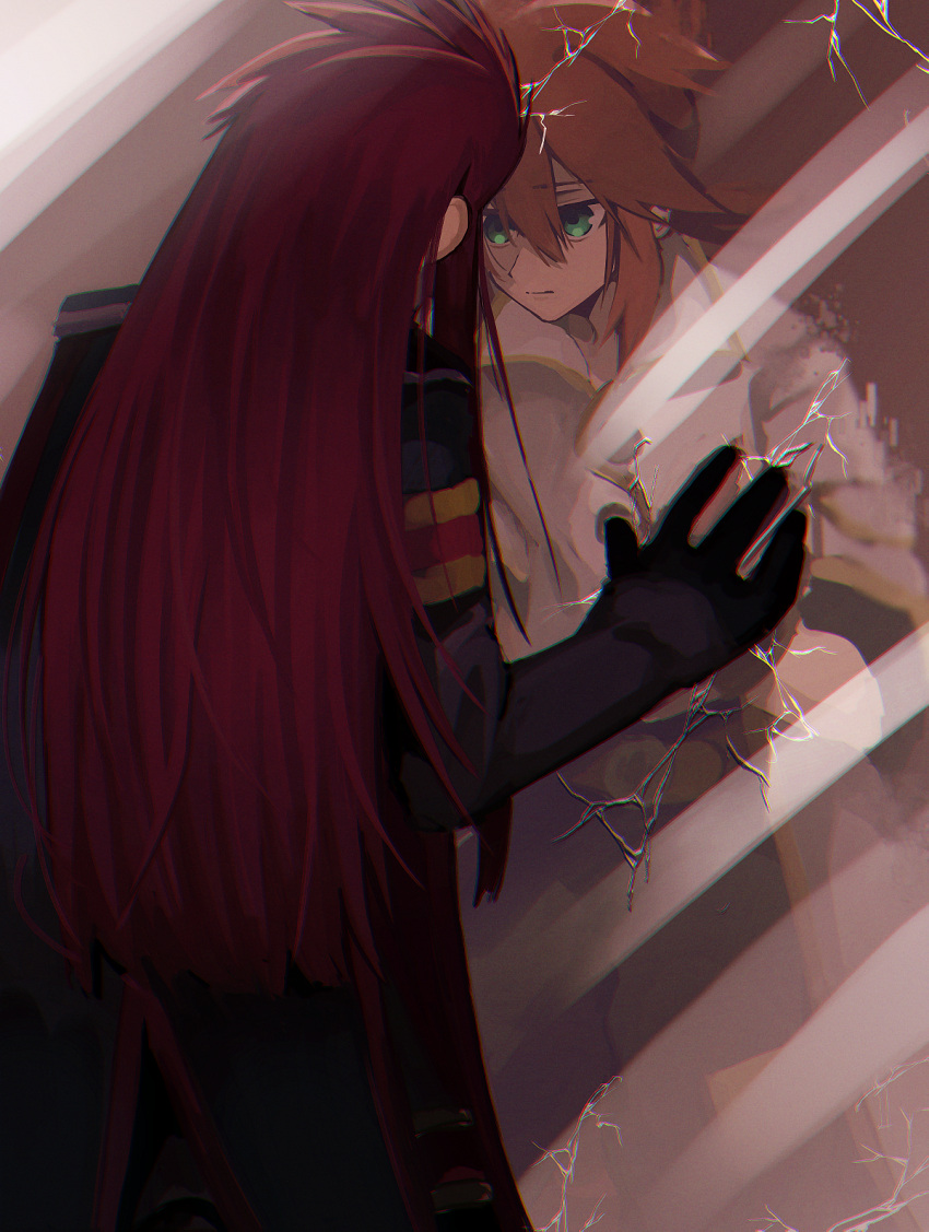 2boys against_mirror aomattya asch_(tales) belt black_cape black_gloves black_shirt broken_mirror buttons cape closed_mouth commentary_request from_behind gloves green_eyes hair_between_eyes hair_pulled_back hand_on_mirror highres jacket long_hair looking_at_mirror luke_fon_fabre male_focus military_uniform mirror multiple_boys redhead reflection shirt short_hair short_sleeves shoulder_pads sidelocks spiky_hair tales_of_(series) tales_of_the_abyss uniform white_jacket