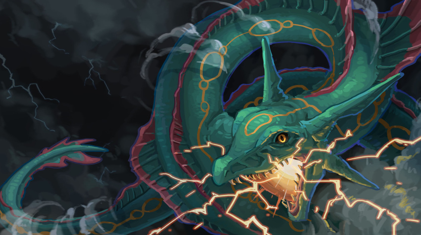 animal_focus chao_xiaopu clouds dragon eastern_dragon electricity flying highres lightning nostrils open_mouth pokemon pokemon_(creature) rayquaza sharp_teeth solo storm teeth yellow_eyes