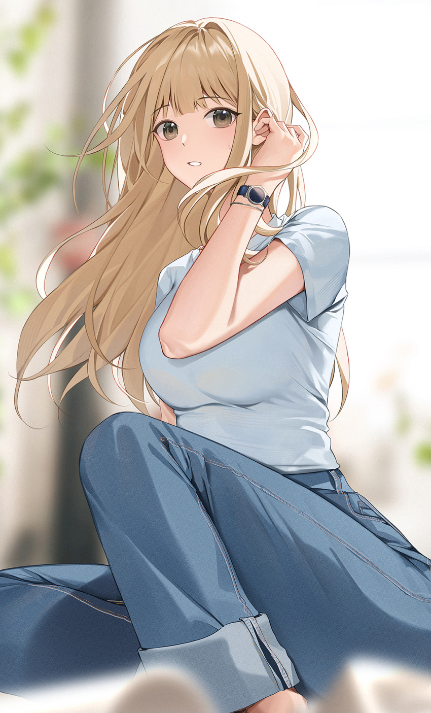 1girl blonde_hair blue_pants blurry blurry_background blurry_foreground breasts brown_eyes denim depth_of_field hand_up highres large_breasts long_hair looking_at_viewer open_mouth original pants shirt short_sleeves sitting sitting_sideways solo sweatdrop tachibana_(hcimup) watch watch white_shirt