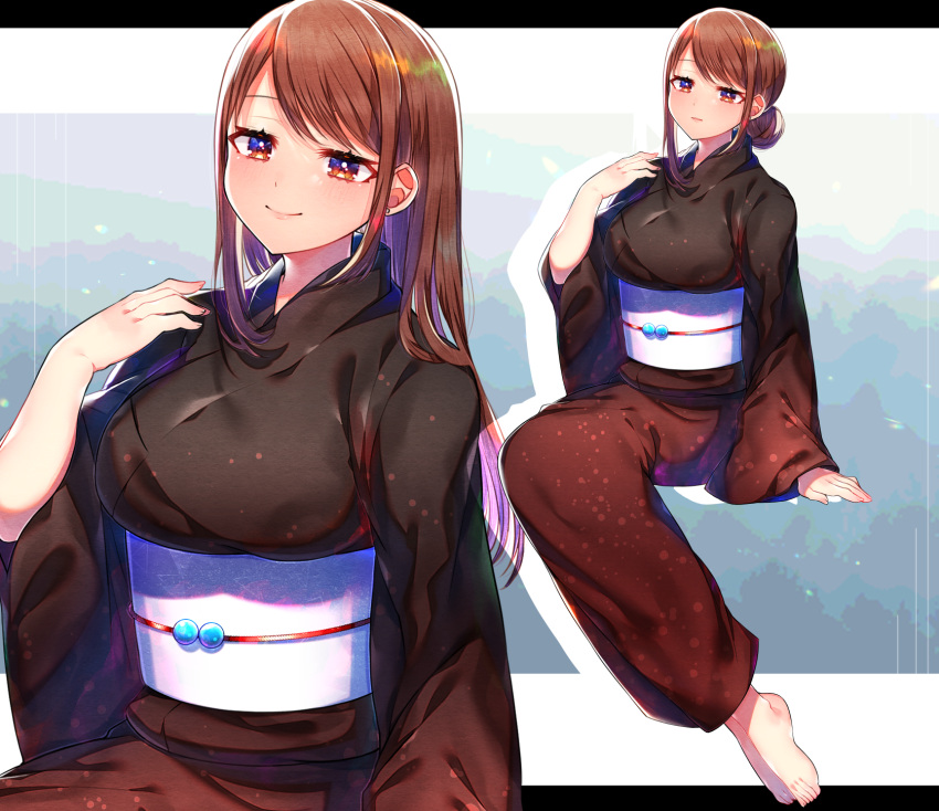 1girl akirannu barefoot black_kimono blush brown_hair closed_mouth full_body hand_up highres invisible_chair japanese_clothes kimono letterboxed long_hair long_sleeves looking_at_viewer multiple_views obi obijime orange_eyes original outside_border sash sidelocks sitting smile variations wide_sleeves zoom_layer