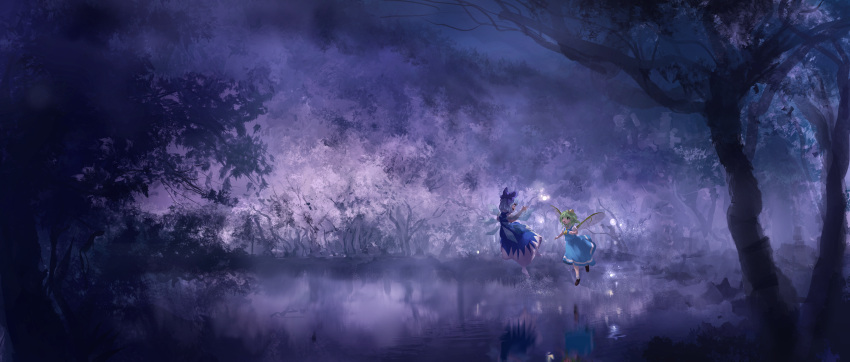 2girls absurdres ascot blue_bow blue_dress blue_eyes blue_hair blue_skirt blue_vest bow brown_footwear cirno clenched_hands collared_shirt daiyousei dress eye_contact fairy_wings floating fog forest green_eyes green_hair hair_bow hands_up highres ice ice_wings lake landscape light_particles looking_at_another misty_lake multiple_girls nature open_mouth outdoors puffy_short_sleeves puffy_sleeves reflection reflective_water scenery shirt short_hair short_sleeves skirt smile socks touhou tree ushitsuchi vest white_shirt white_socks wide_shot wings yellow_ascot yellow_bow