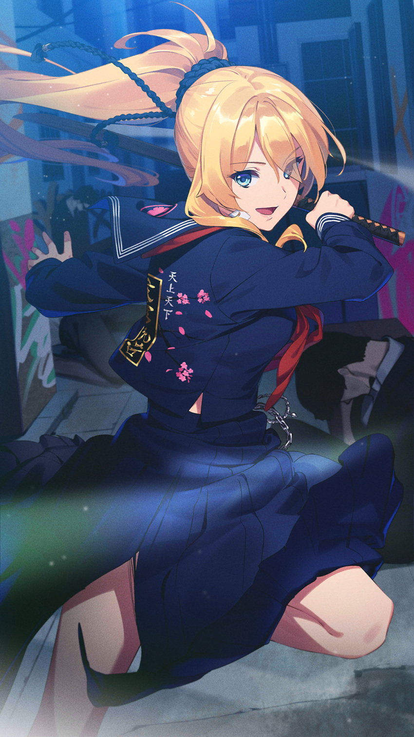 1girl :d alley blonde_hair blue_eyes blue_sailor_collar blue_serafuku blue_skirt breasts cherry_blossom_print clothes_writing cowboy_shot fighting floral_print from_side girl_cafe_gun hair_ornament hair_scrunchie hands_up highres holding holding_sword holding_weapon juno_emmons katana leg_up long_hair long_sleeves looking_at_viewer looking_to_the_side medium_skirt neckerchief official_art outdoors pleated_skirt ponytail red_neckerchief sailor_collar school_uniform scrunchie serafuku skirt smile solo standing standing_on_one_leg sword turning_head weapon