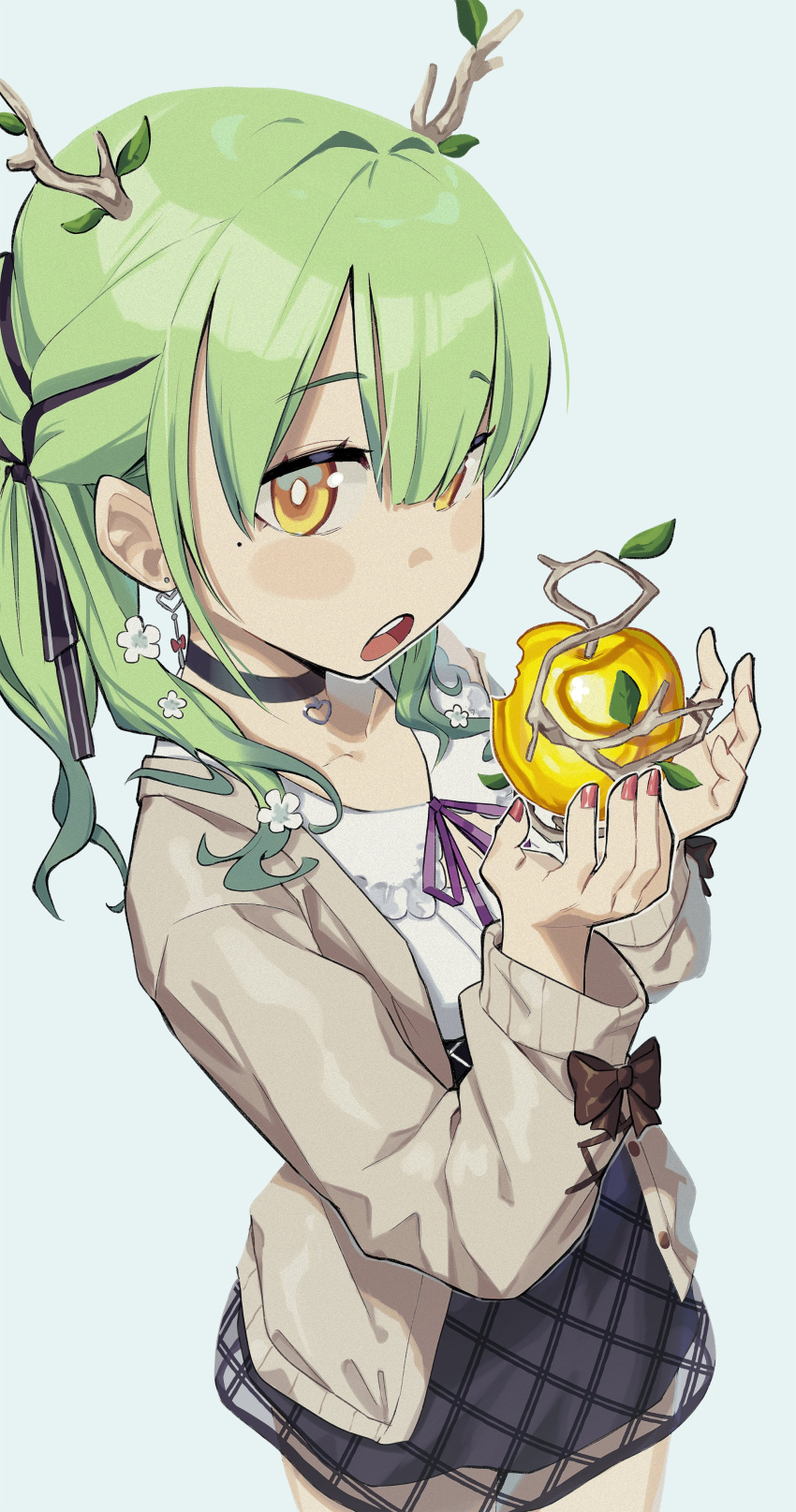 1girl :o absurdres antlers apple black_choker black_skirt blush brown_ribbon ceres_fauna ceres_fauna_(3rd_costume) choker collarbone eating flower food fruit golden_apple green_hair hair_between_eyes hair_flower hair_ornament highres holding holding_food holding_fruit hololive hololive_english jellimonslime long_hair looking_at_viewer open_mouth pink_nails ribbon skirt sweater upper_body virtual_youtuber yellow_eyes