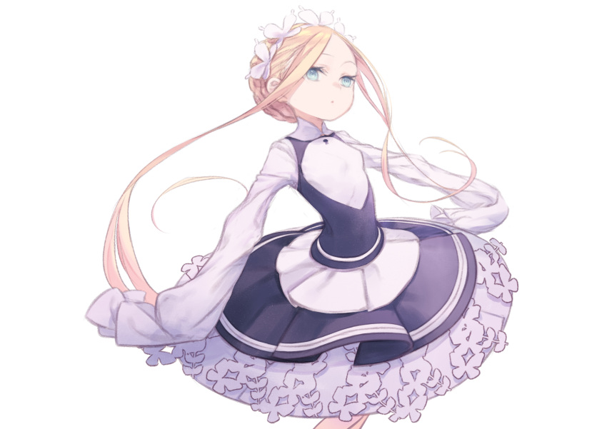 1girl abigail_williams_(fate) abigail_williams_(festival_outfit)_(fate) absurdres blonde_hair blue_eyes braid commentary cowboy_shot crown_braid daisi_gi dress expressionless fate/grand_order fate_(series) hair_ornament highres long_hair long_sleeves parted_bangs simple_background sleeves_past_fingers sleeves_past_wrists solo symbol-only_commentary white_background