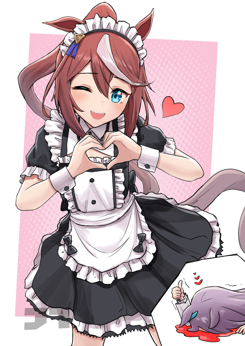 2girls absurdres alternate_costume animal_ears apron aqua_eyes artist_logo black_dress blood blush brown_hair chibi chibi_inset commentary_request cowboy_shot dress enmaided excessive_nosebleed hands_up heart heart_hands highres horse_ears horse_girl horse_tail jtleeklm long_hair maid maid_apron maid_headdress mejiro_mcqueen_(umamusume) multicolored_hair multiple_girls nosebleed one_eye_closed open_mouth ponytail purple_hair smile solo_focus streaked_hair tail thumbs_up tokai_teio_(umamusume) umamusume watermark wrist_cuffs