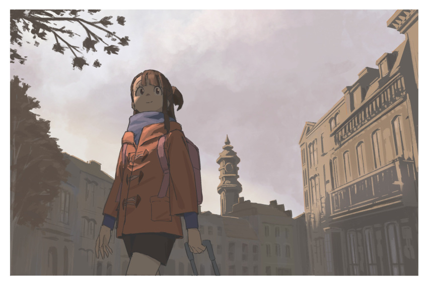 1girl blue_sweater brown_hair castle clouds cloudy_sky highres holding_luggage jacket kagari_atsuko little_witch_academia orange_jacket psylduck rolling_suitcase shorts sky solo suitcase sweater tower