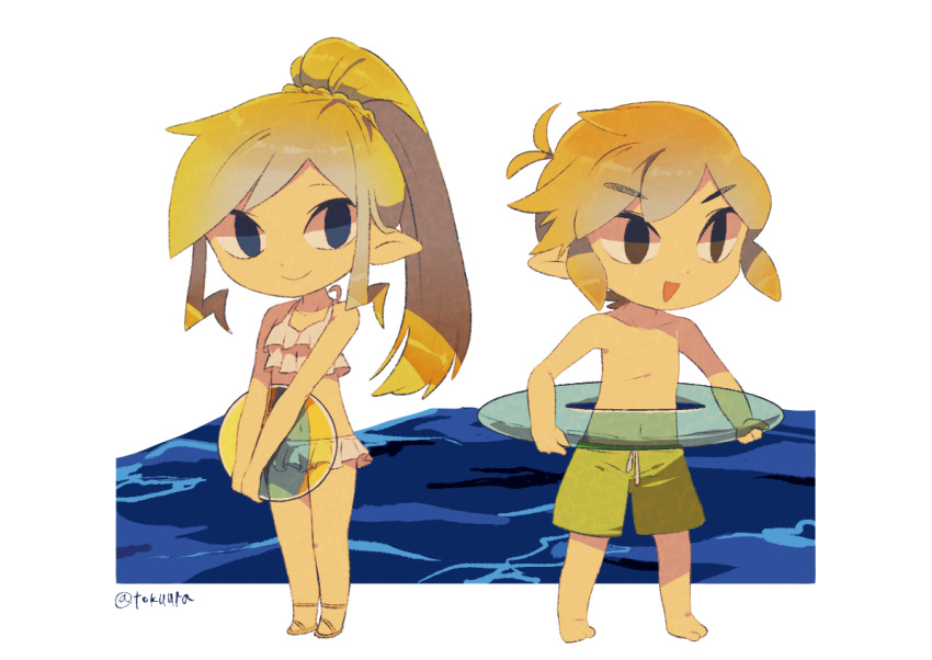 1boy 1girl alternate_costume alternate_hairstyle ball beachball commentary hat hat_removed headwear_removed innertube link long_hair looking_at_viewer pointy_ears ponytail princess_zelda short_hair smile swimsuit the_legend_of_zelda the_legend_of_zelda:_spirit_tracks the_legend_of_zelda:_the_wind_waker tokuura toon_link toon_zelda very_long_hair water