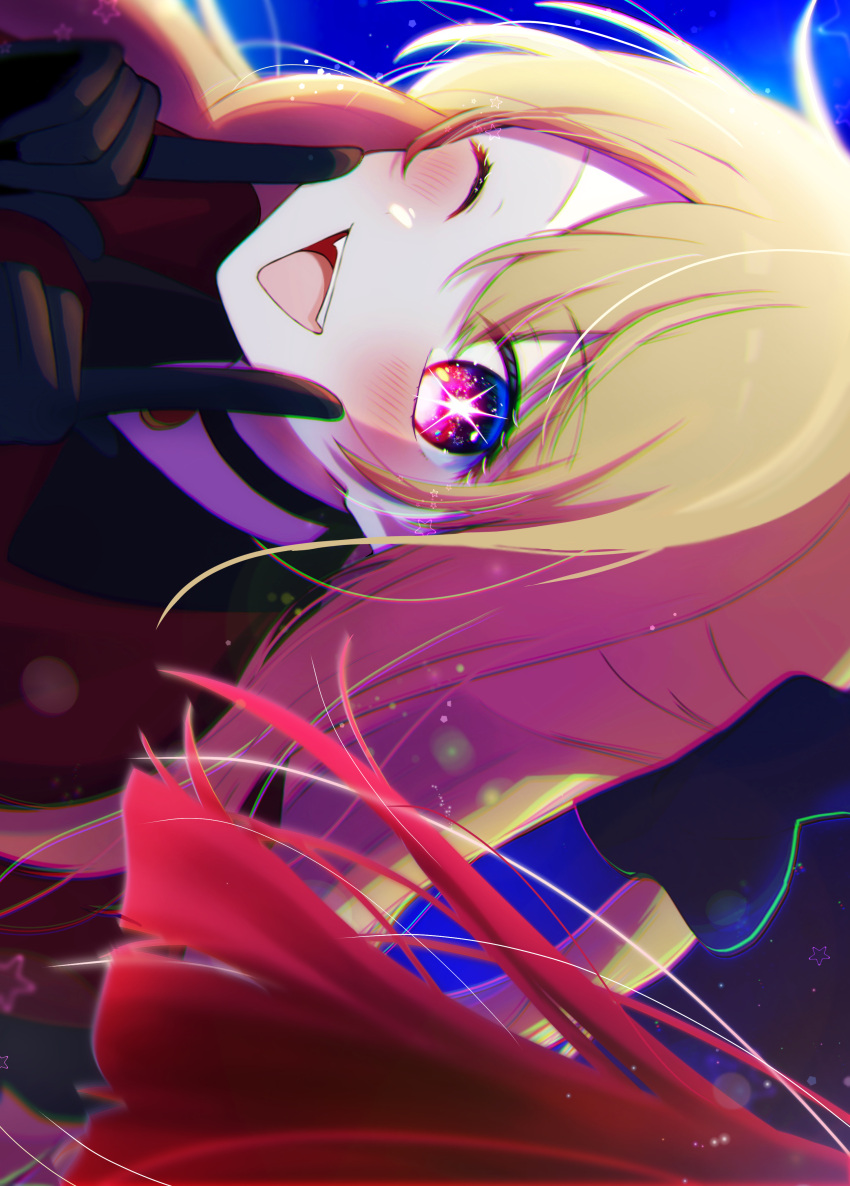 2girls ;d absurdres arima_kana black_bow black_gloves blonde_hair bow chromatic_aberration commentary_request fingers_to_cheeks gloves hair_between_eyes hair_bow highres hoshino_ruby index_fingers_raised light_particles long_hair looking_at_viewer mameko_(mamemame81) multiple_girls one_eye_closed one_side_up open_mouth oshi_no_ko out_of_frame pink_eyes red_eyes redhead sideways smile solo_focus star_(symbol) star_in_eye symbol_in_eye teeth upper_teeth_only