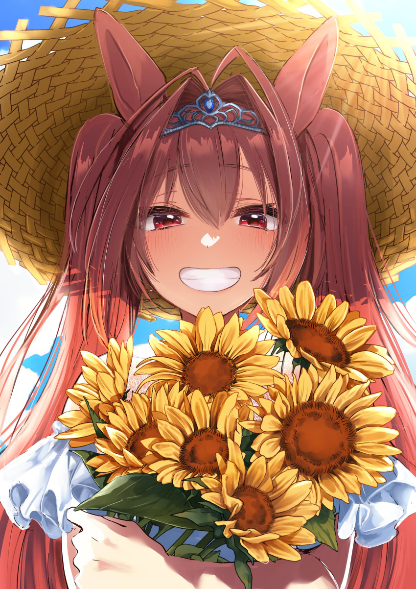 1girl absurdres animal_ears blush bouquet brown_hair clouds daiwa_scarlet_(umamusume) day dress endo_(endoooo_uma) flower grin hair_intakes hat highres holding holding_bouquet horse_ears long_hair looking_at_viewer outdoors red_eyes smile solo straw_hat sunflower sunlight tiara twintails umamusume upper_body white_dress
