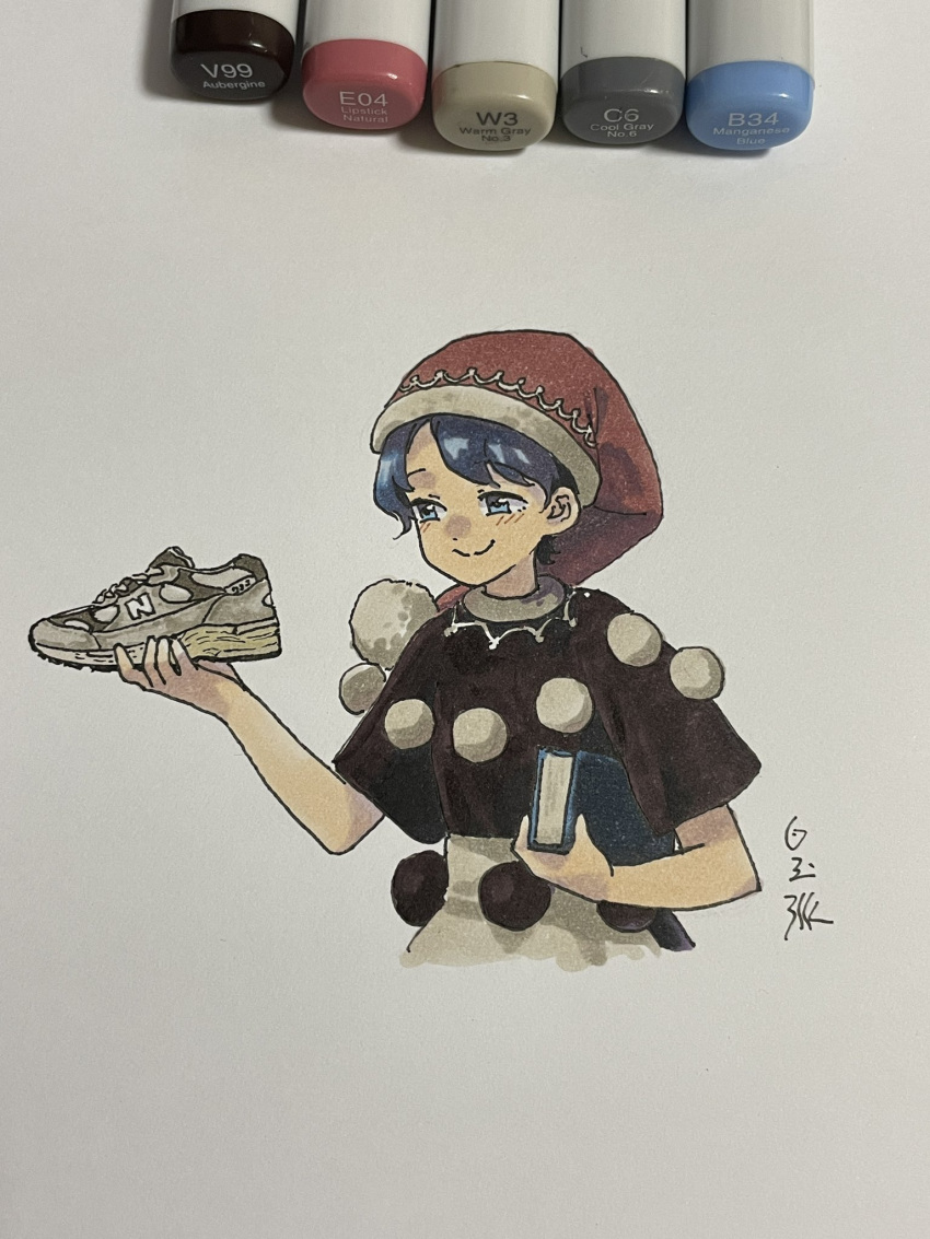 1girl art_tools_in_frame black_shirt blue_eyes blue_hair blush book closed_mouth cropped_torso doremy_sweet grey_footwear hat high-waist_skirt highres holding holding_book holding_clothes holding_footwear looking_at_object marker marker_(medium) nightcap photo_(medium) pom_pom_(clothes) red_headwear shiratama_(hockey) shirt shoes short_hair signature skirt smile smirk sneakers solo t-shirt touhou traditional_media translated white_skirt