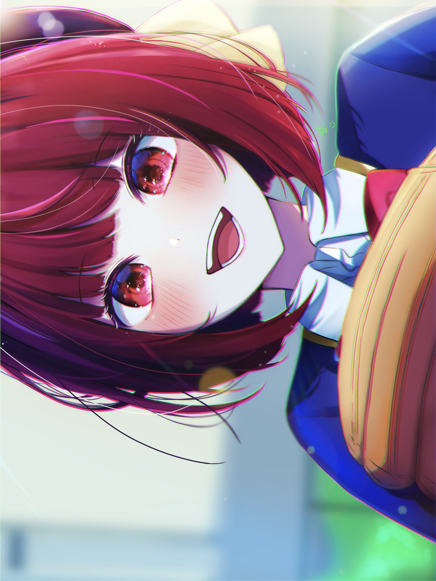 1girl :d absurdres arima_kana baseball_mitt beret blue_jacket blurry blurry_background blush bob_cut bow bowtie chromatic_aberration collared_shirt commentary_request hat highres inverted_bob jacket lens_flare light_particles looking_at_viewer mameko_(mamemame81) medium_hair open_mouth oshi_no_ko pink_bow pink_bowtie portrait red_eyes redhead school_uniform shirt sideways smile solo teeth white_shirt youtou_high_school_uniform