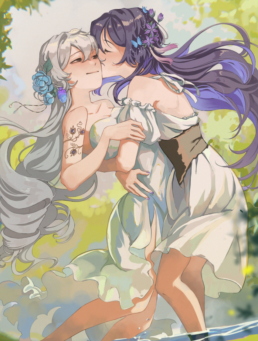 2girls absurdres alternate_costume arm_tattoo bare_shoulders blue_butterfly blue_flower blue_hair blue_nails bronya_rand bug butterfly collarbone colored_inner_hair couple dress drill_hair earrings feet_out_of_frame flower grey_eyes grey_hair hair_between_eyes hair_flower hair_ornament hand_on_another's_arm hand_on_another's_back highres honkai:_star_rail honkai_(series) hug jewelry kiss kissing_cheek long_hair looking_at_another multicolored_hair multiple_girls nail_polish nirtin_99 purple_flower seele_(honkai:_star_rail) sleeveless smile tattoo wading white_dress yuri